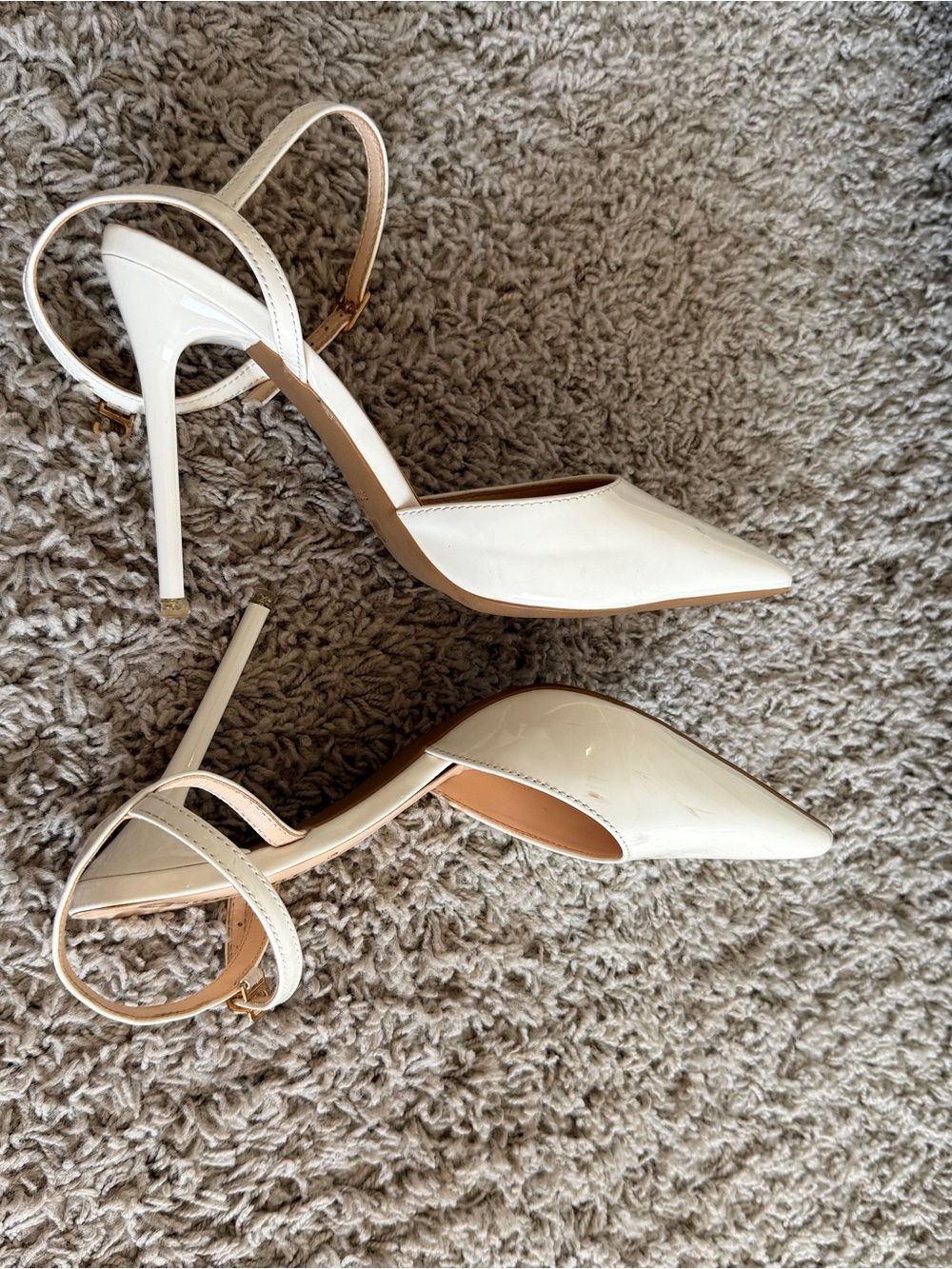 Patent Pointed-Toe Ankle-Strap Heels in White